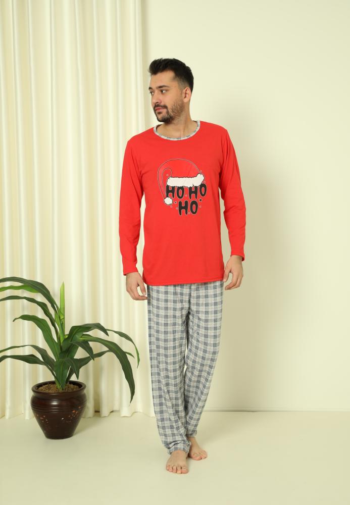 Pijama barbati Craciun "HO HO" maneca lunga ,pantaloni lungi,Culoare Rosu, Engros